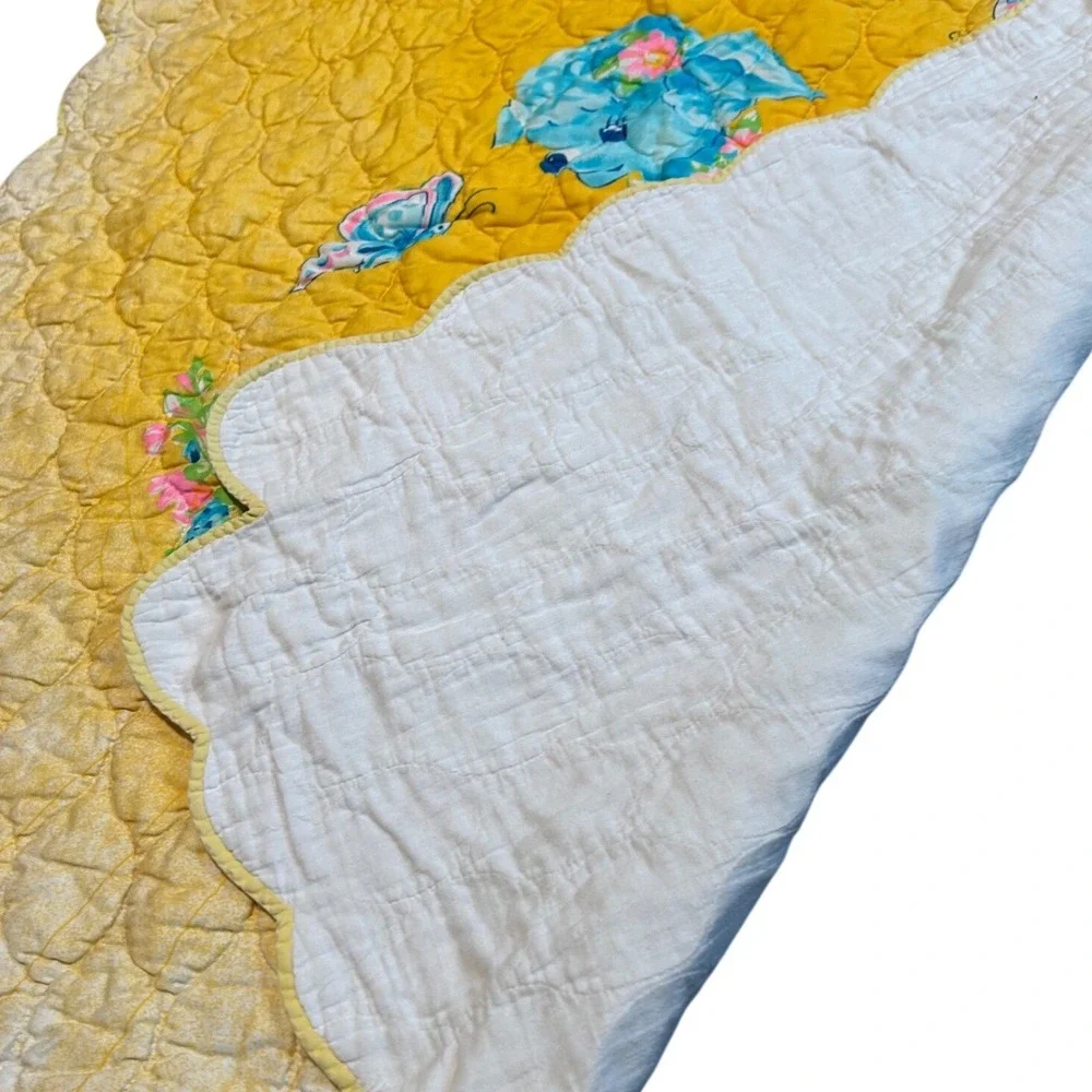 Vintage Kitsch Blue Lamb Baby Blanket Quilted Scalloped Yellow Floral Nursery